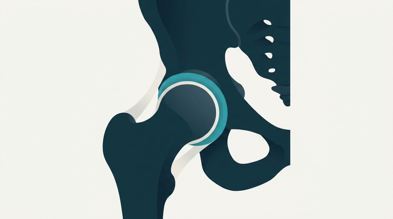 Illustration of the hip joint highlighting the acetabular labrum, the cartilage rim of the socket
